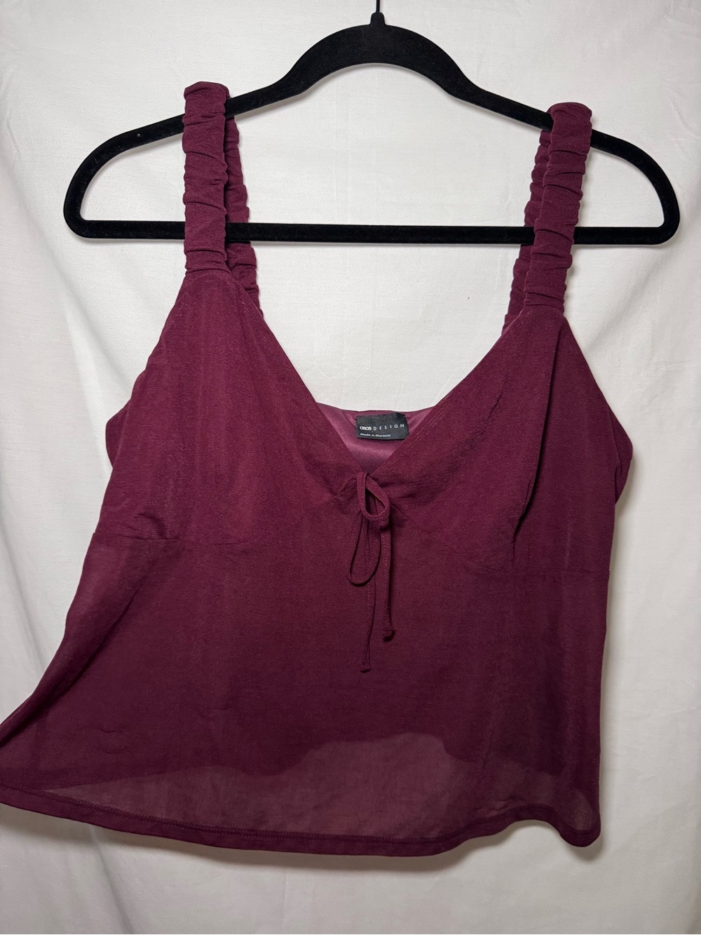 Burgundy Sheer Mesh Cami Top Ruched Straps V-Neck Size L